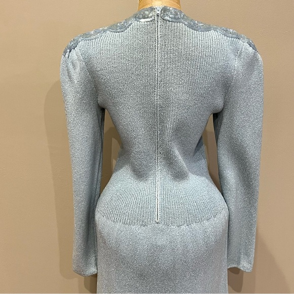 VTG Pat Sandler Wellmore Knit Dress Bow Sequins Blue Long Sheath Midi 6 Dynasty - Picture 5 of 12